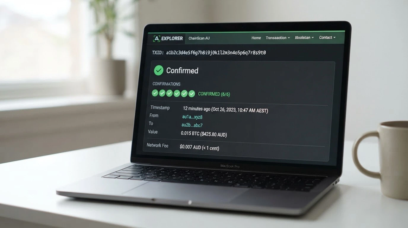 A simplified blockchain explorer screen showing a Bitcoin Cash transaction with six confirmations, a timestamp of 12 minutes and a fee of less than one cent.