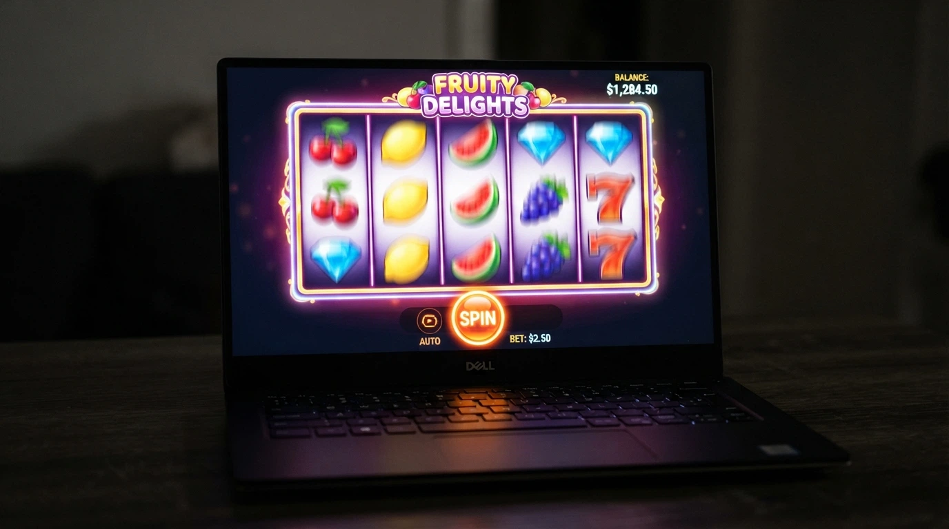 A close-up of a five-reel online pokies screen mid-spin with colourful fruit and gem symbols, the spin button glowing, and a small BCH balance display in the top corner.