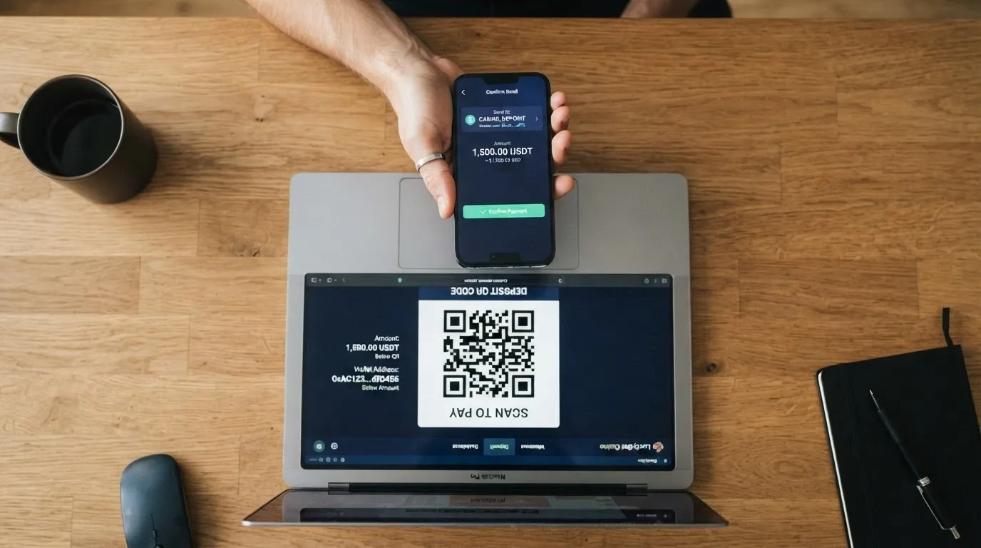 A hand holding a smartphone with a wallet app open, the camera framing a casino cashier QR code on a laptop screen, with the send-confirmation button visible.