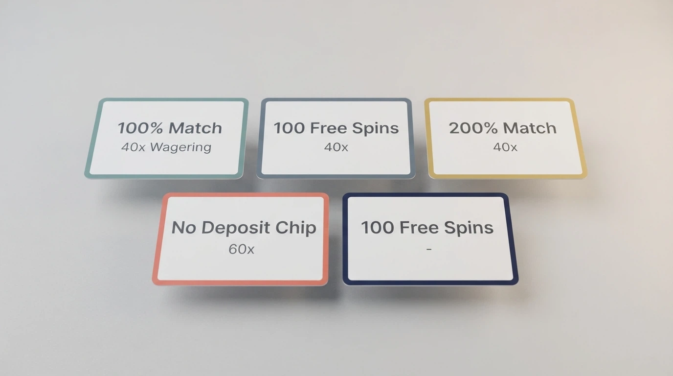 A side-by-side grid or comparison view of casino-brand cards with key terms visible — licence jurisdiction, bonus type and wagering multiple called out on each card