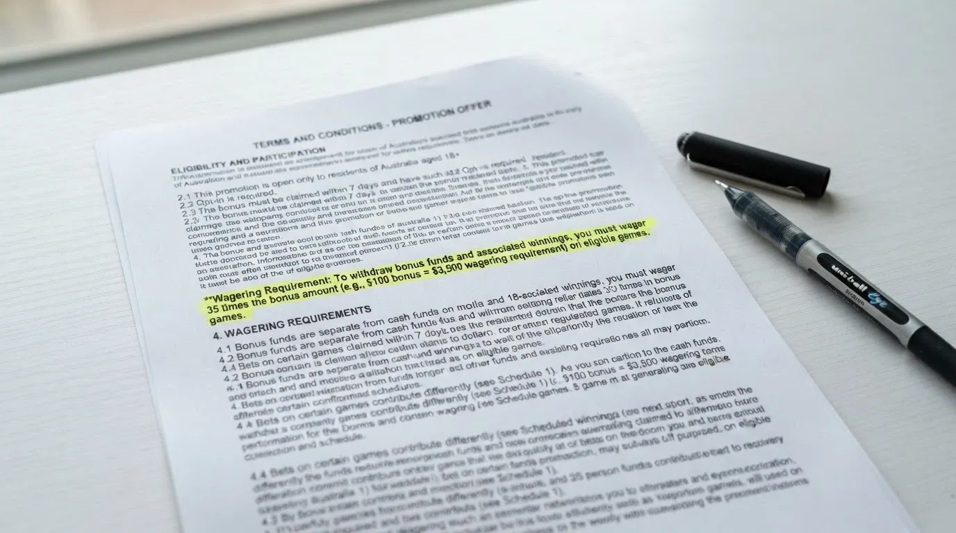 A close-up of bonus terms and conditions text with a wagering requirement figure highlighted