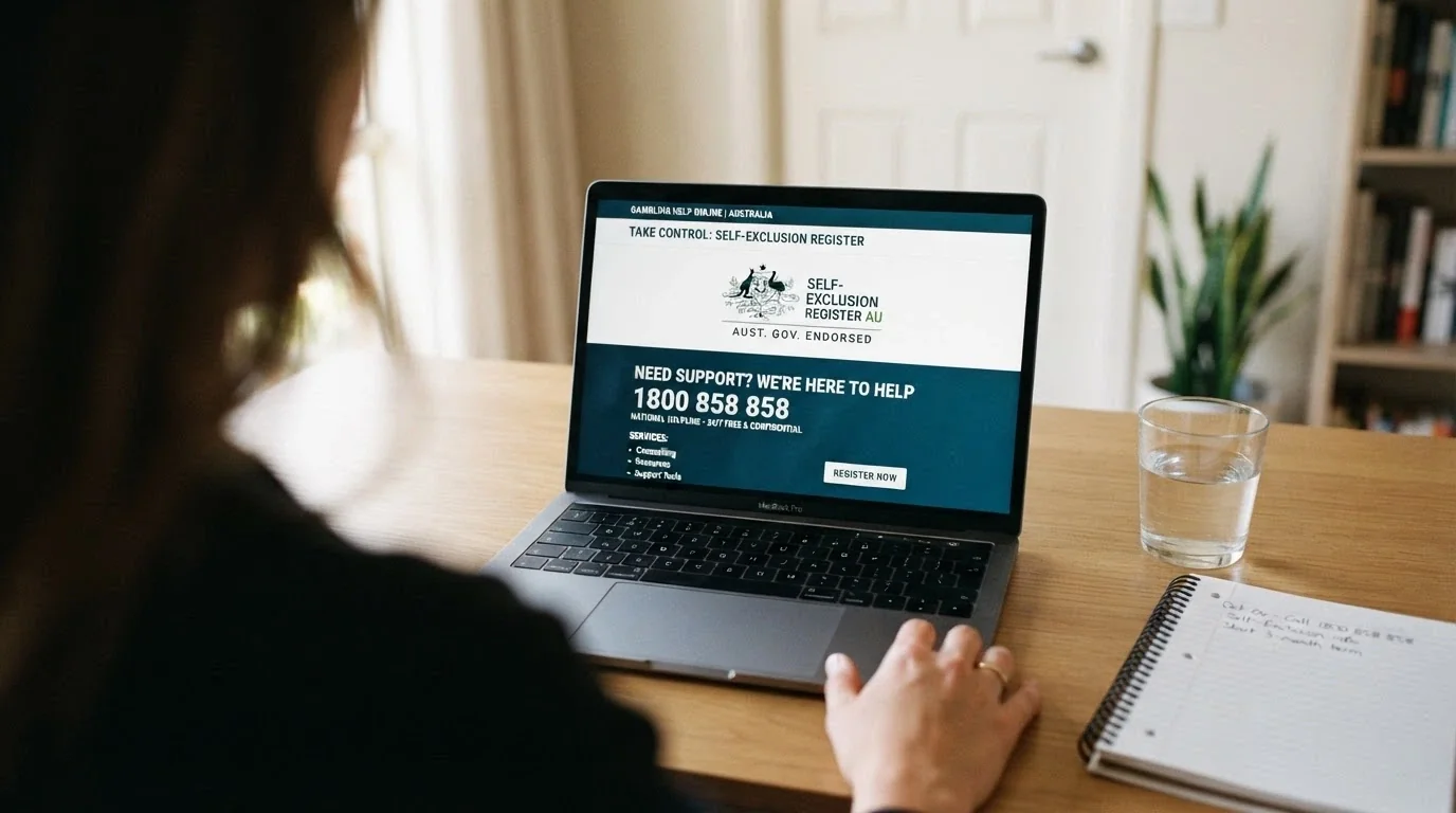 BetStop National Self-Exclusion Register logo beside the Gambling Helpline 1800 858 858 number on a support screen