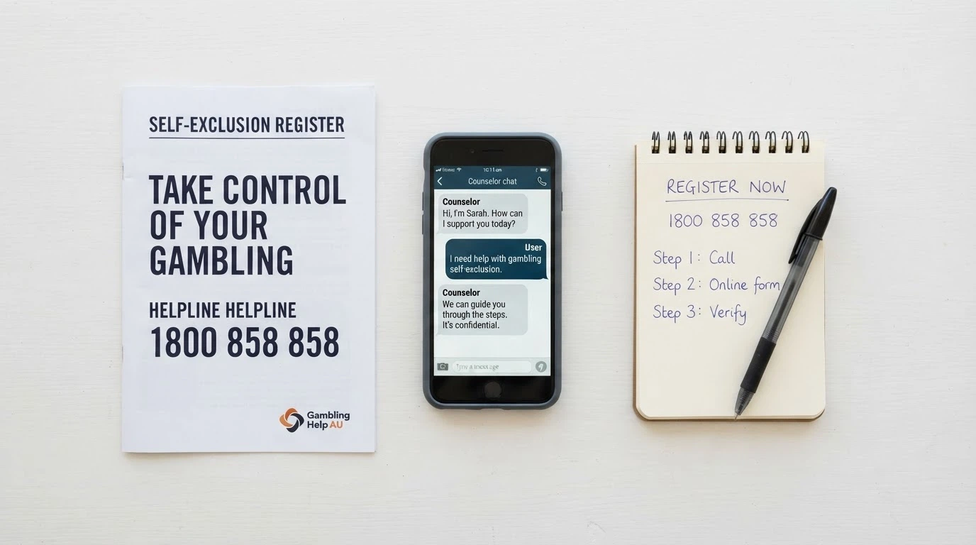 A composite image of the BetStop National Self-Exclusion Register logo, the 1800 858 858 helpline number displayed prominently, and a smartphone showing the Gambling Help Online chat interface