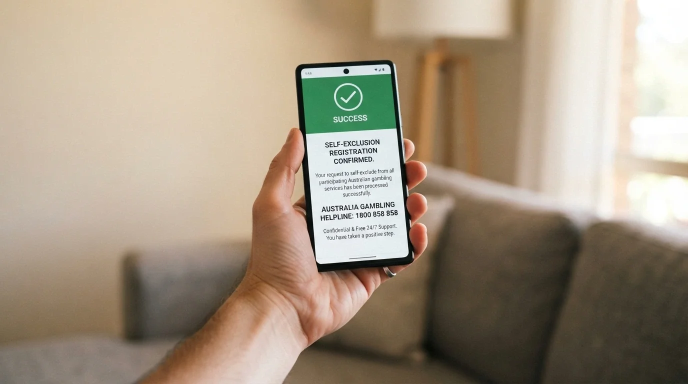 A smartphone screen showing the BetStop registration page with a confirmation message and the Gambling Helpline number