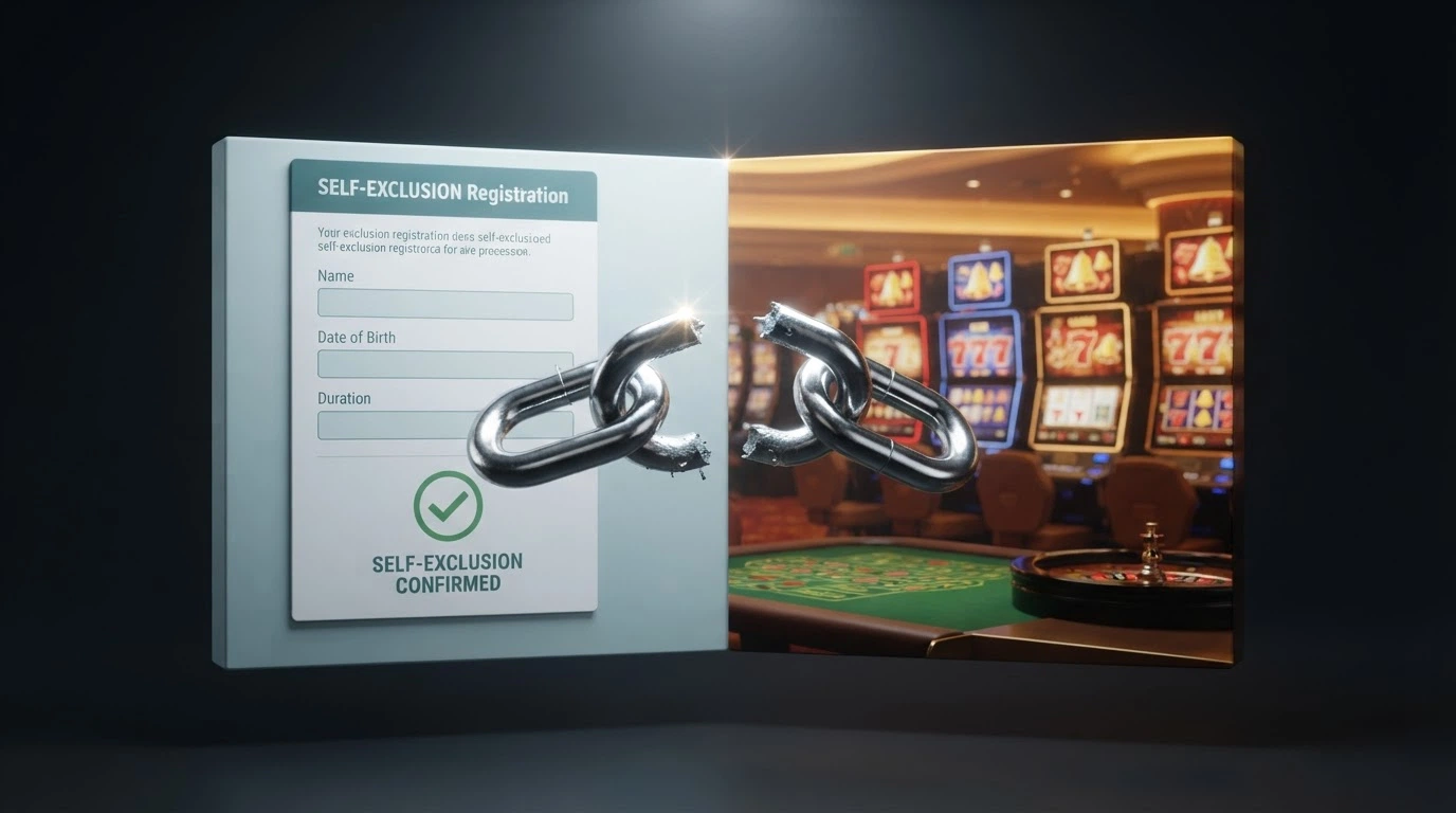 A split screen showing the BetStop self-exclusion registration page on one side and an offshore casino lobby on the other, with a broken chain link between them