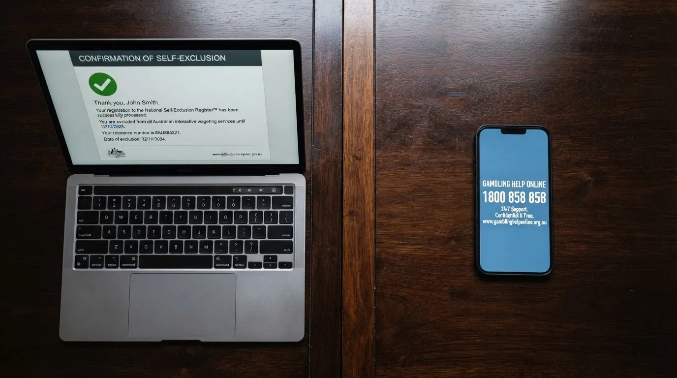 A split image: on one side a BetStop registration confirmation screen, on the other a phone with the National Gambling Helpline number displayed, the gap between them symbolising the offshore reach