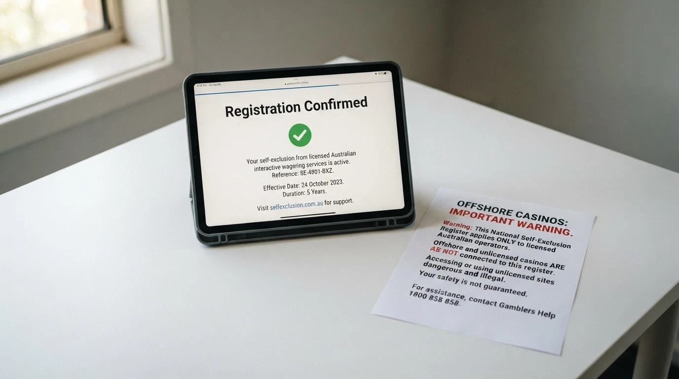 A BetStop registration confirmation screen beside a warning that offshore casinos are not connected