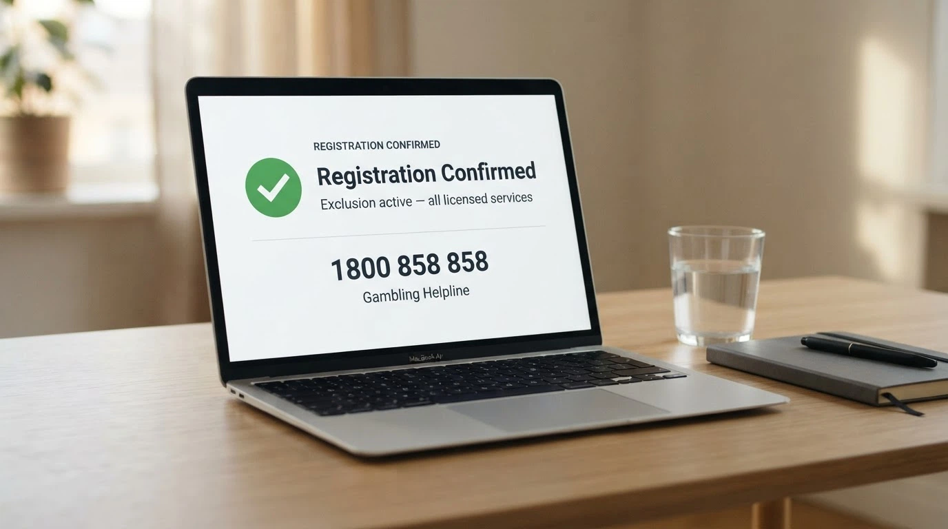 A split composition — one side showing a BetStop registration screen with a green tick, the other showing a crossed-out offshore casino logo, with the National Gambling Helpline number 1800 858 858 displayed prominently below