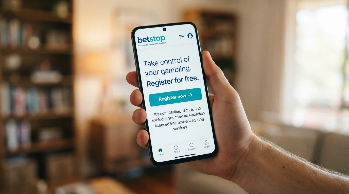 Smartphone screen displaying the BetStop National Self-Exclusion Register homepage with the registration button visible