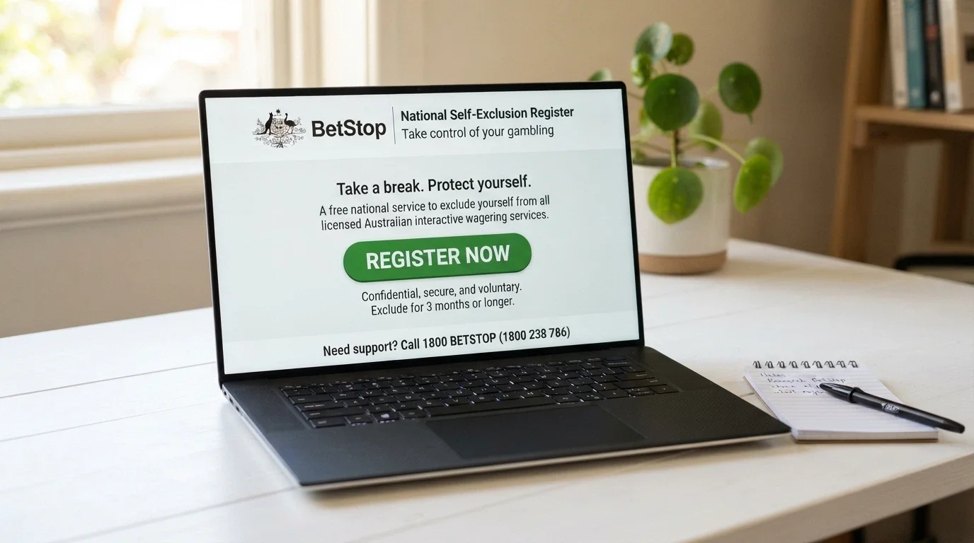 A screen showing the BetStop national self-exclusion register landing page with a prominent “Register Now” call-to-action button and the Australian Government crest