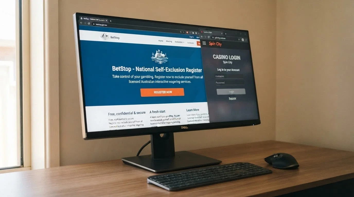 A desktop screen showing the BetStop National Self-Exclusion Register landing page with the registration button prominent, beside it a dimmed-out browser tab showing an offshore casino login page