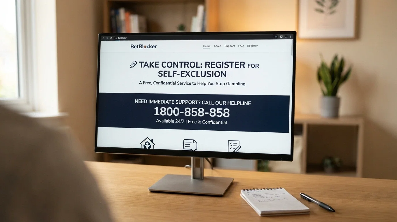 A computer screen showing the BetStop national self-exclusion register homepage with the 1800 858 858 helpline number visible