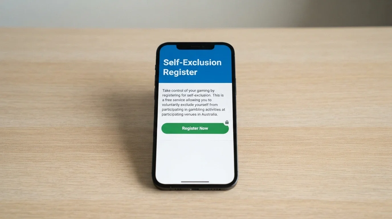 A smartphone screen displaying the BetStop.gov.au homepage with the National Self-Exclusion Register sign-up section visible