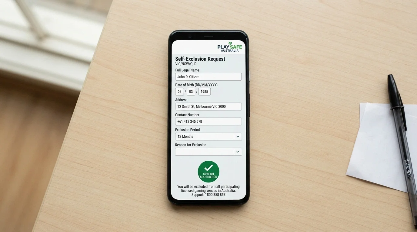 BetStop logo beside a smartphone screen showing a self-exclusion registration form with a confirmation tick