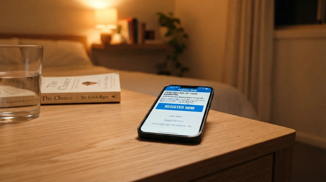 A smartphone screen showing the BetStop National Self-Exclusion Register homepage with the registration button visible
