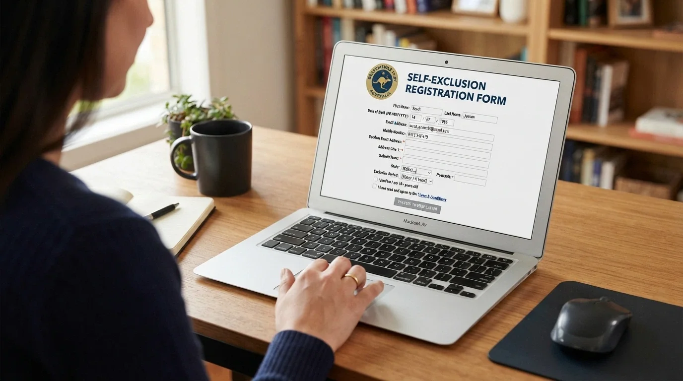 A laptop displaying the BetStop National Self-Exclusion Register homepage with a registration form partially filled, an Australian Government crest visible