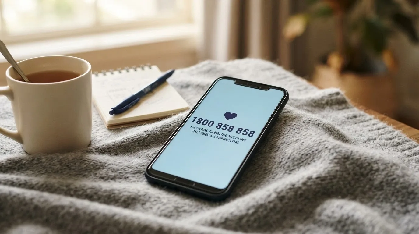 A BetStop logo and a gambling helpline card with the number 1800 858 858, set against a muted background