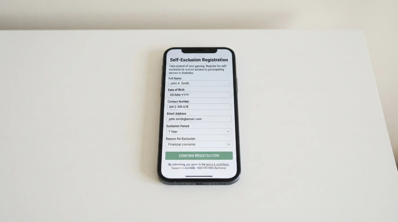 A smartphone displaying the BetStop National Self-Exclusion Register sign-up page with the registration form visible