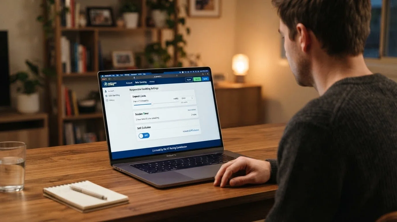 BetStop website homepage on a laptop screen showing the register now button and the national helpline number