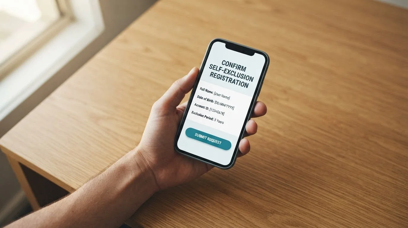 A person accessing the BetStop National Self-Exclusion Register on a smartphone, with the BetStop logo visible on screen