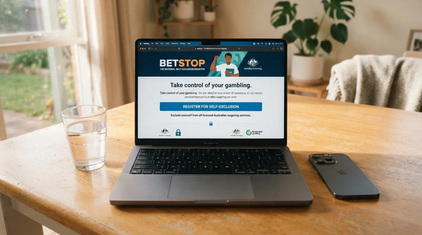 A laptop screen showing the BetStop.gov.au registration page — the National Self-Exclusion Register logo, a “Register Now” button, and the tagline about excluding from all licensed wagering services