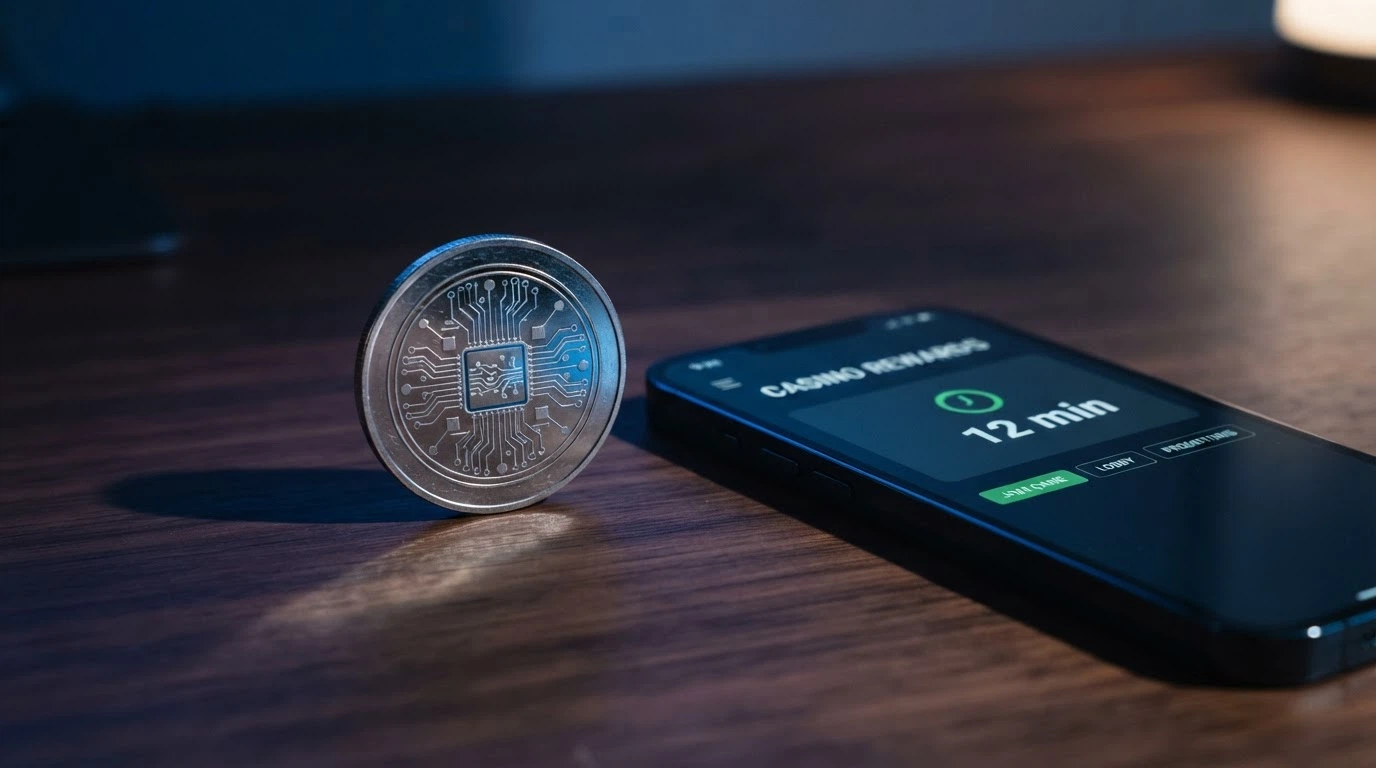 A Bitcoin coin standing upright on a desk next to a smartphone showing a casino lobby screen, with a withdrawal timer icon reading “12 min — USDT TRC-20”