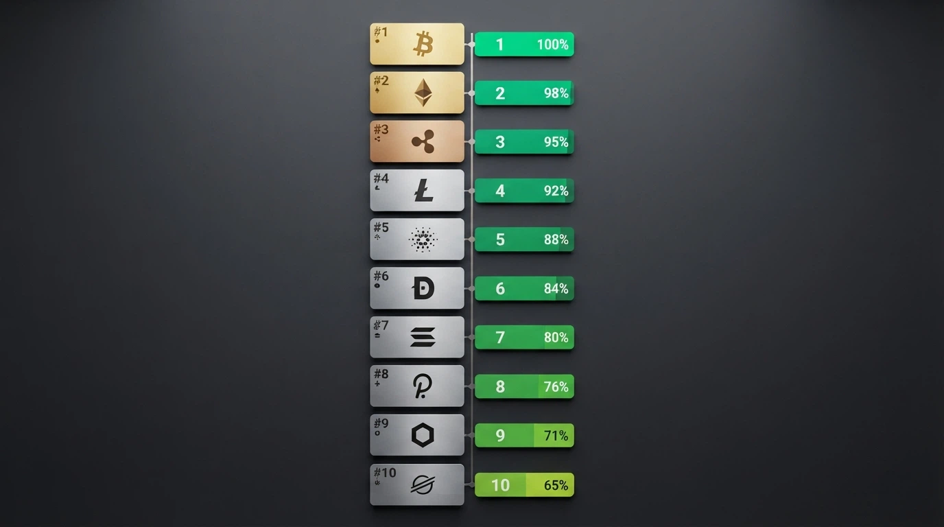 A ranked column of ten casino cards, each with a bitcoin symbol and a rating strip