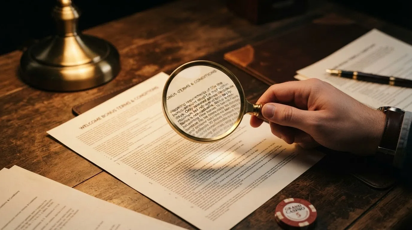 A magnifying glass over the fine print of a welcome-bonus terms box