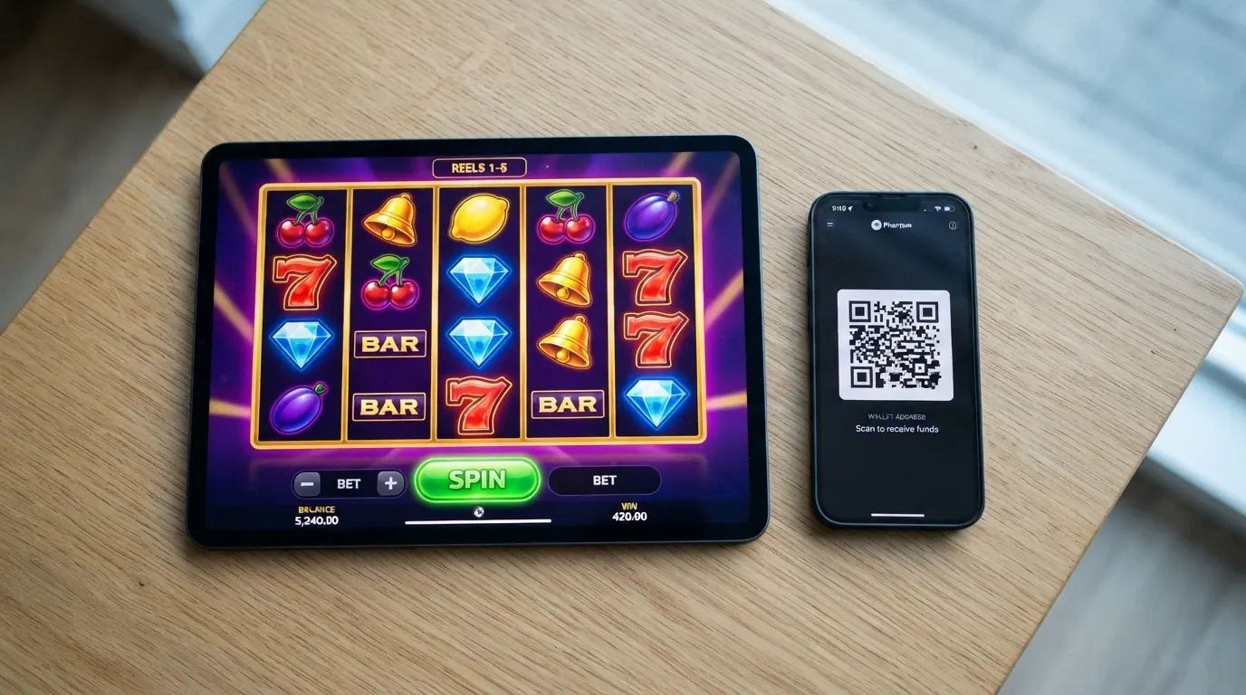 A close-up of five pokie reels on a tablet screen, the spin button glowing, with a crypto wallet QR code visible on a phone next to it