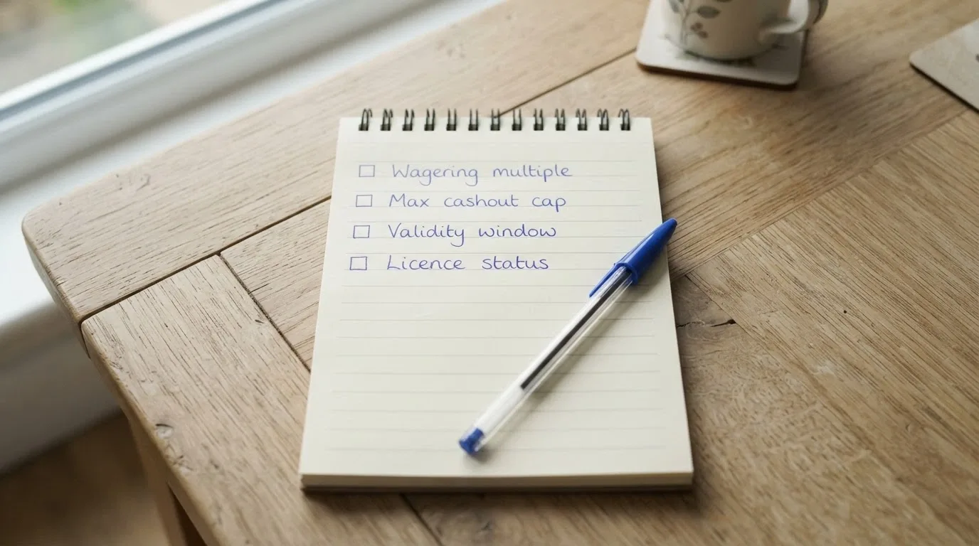 A checklist notepad with items including wagering, max cashout, validity and licence status