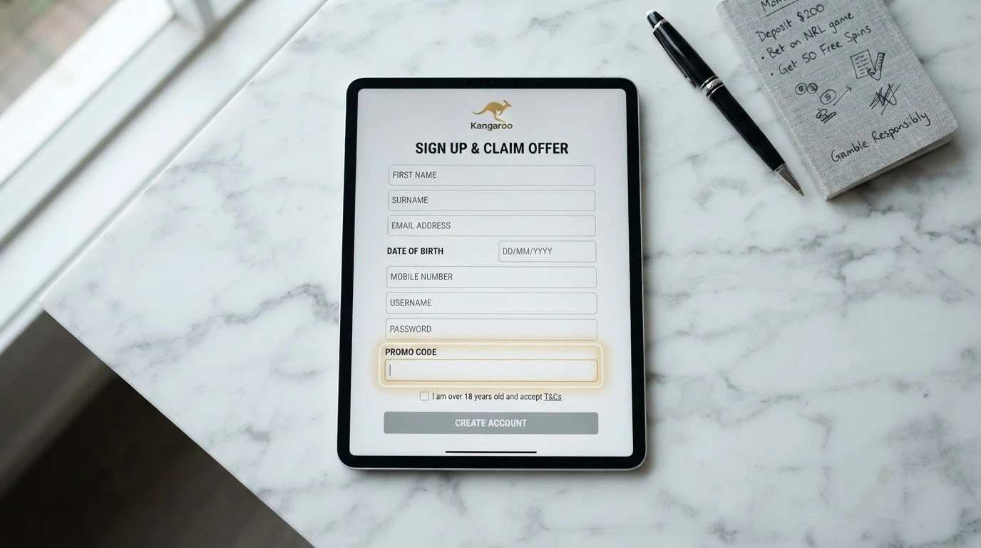 A step-by-step diagram showing the casino registration form with a promo code field highlighted
