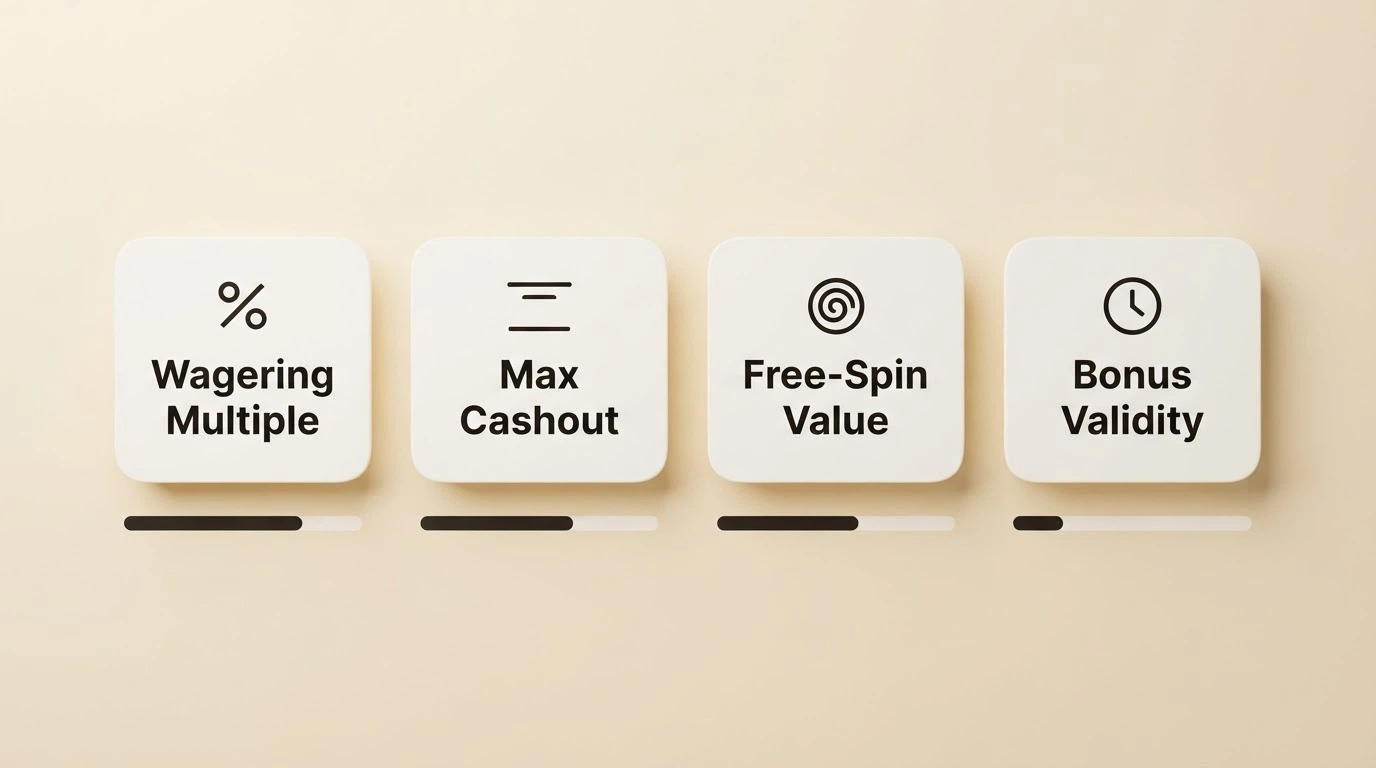 A visual summary of the four evaluation criteria — bonus size, wagering multiple, free-spin value, and max cashout — with the weight each carries in the ranking