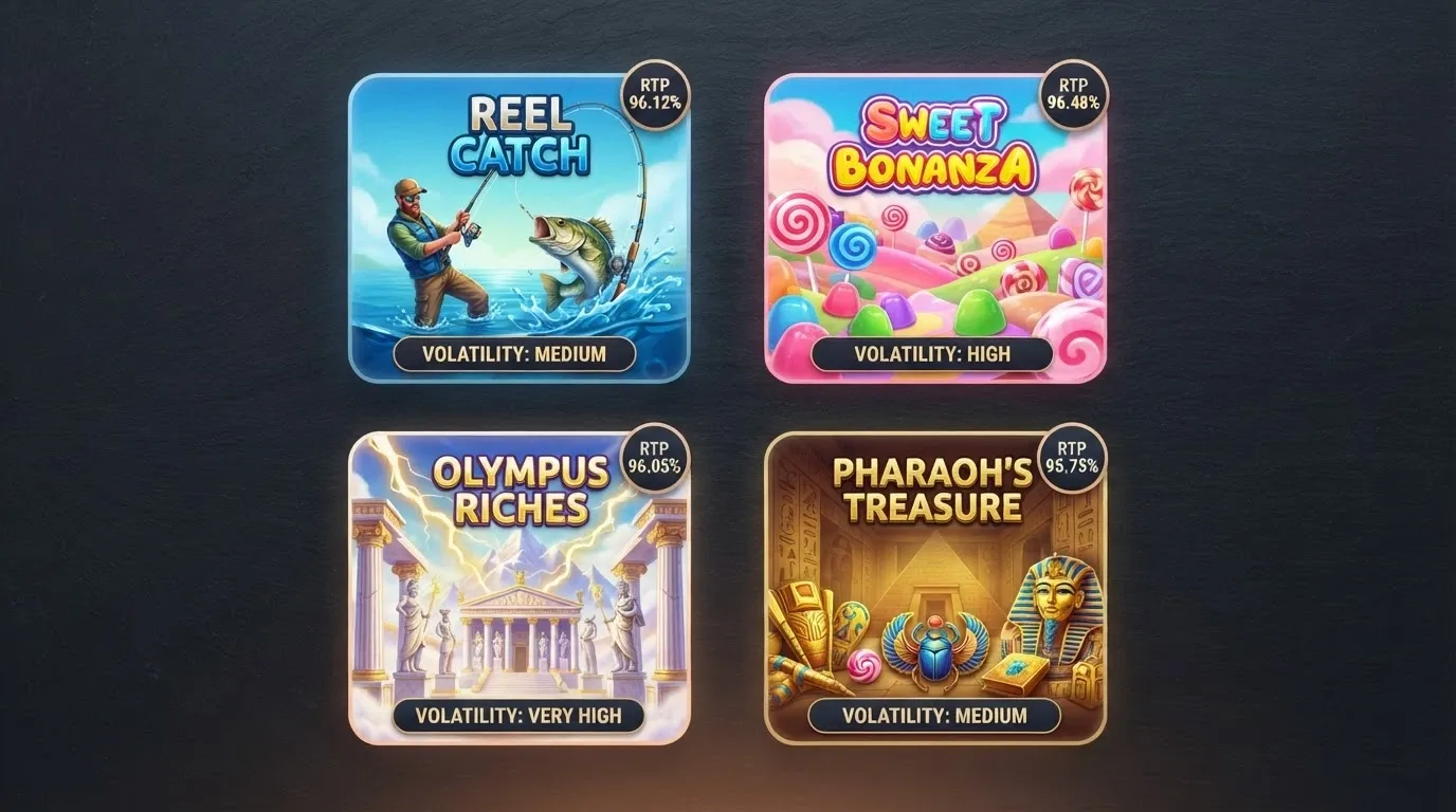 A grid of four pokie title cards — Big Bass Splash, Sweet Bonanza 1000, Gates of Olympus 1000 and Book of Dead — with RTP percentage badges and volatility labels overlaid