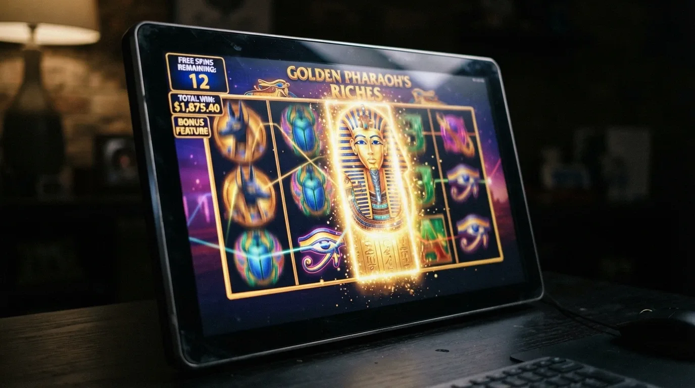 A 5-reel pokie screen mid-bonus round with free-spin counter, expanding wilds active and a cascading-reel animation in progress