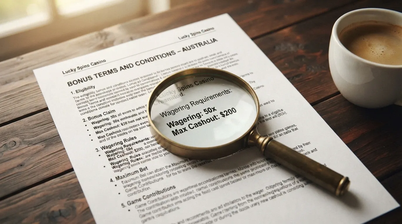 A close-up of a printed terms-and-conditions document with a magnifying glass over the wagering-requirements section, resting on a desk beside a coffee cup