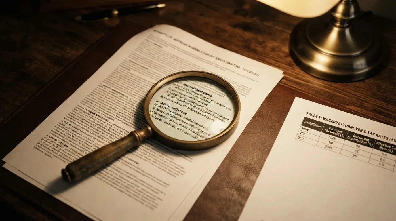 A magnifying glass held over a bonus-terms document on a screen, highlighting wagering-multiplier and max-cashout clauses in dense text