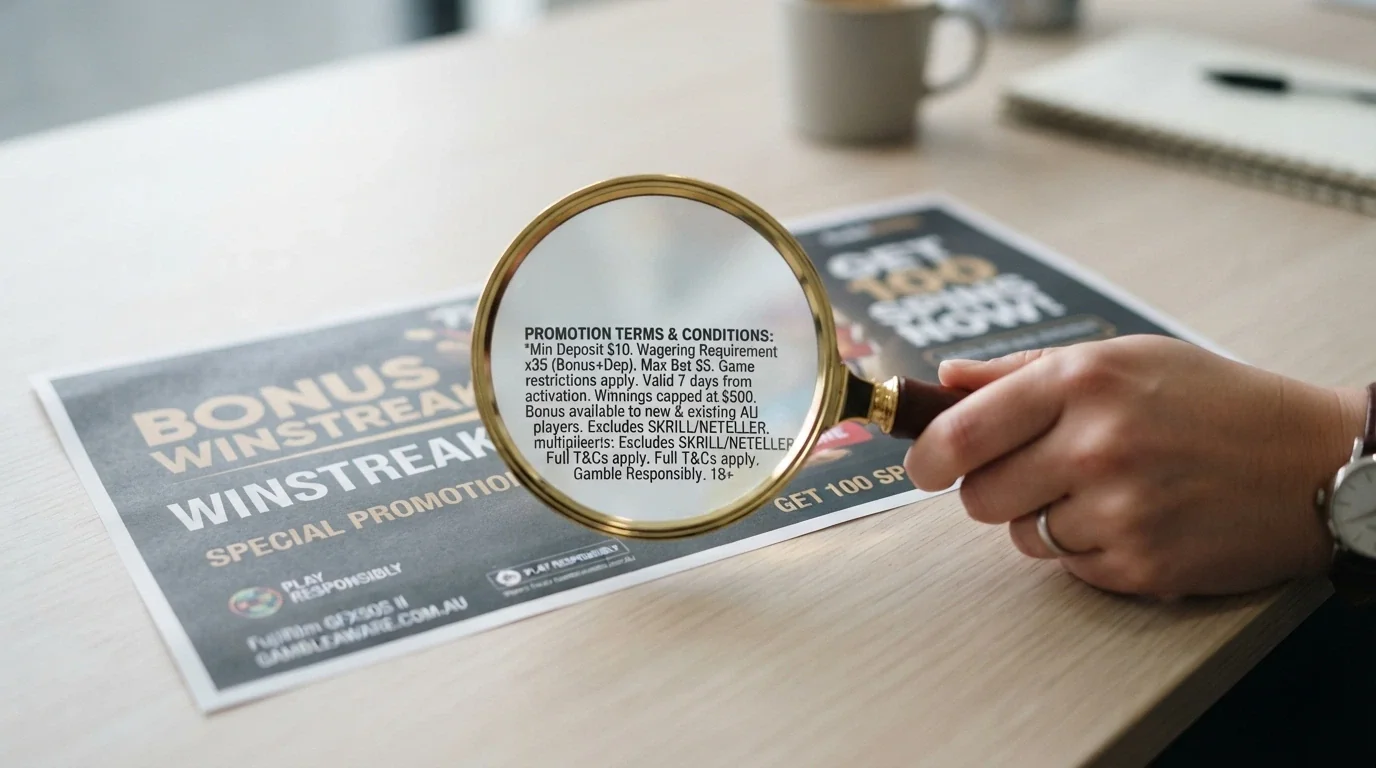A magnifying glass over a casino bonus banner showing the fine print — wagering requirement, max bet and validity window highlighted