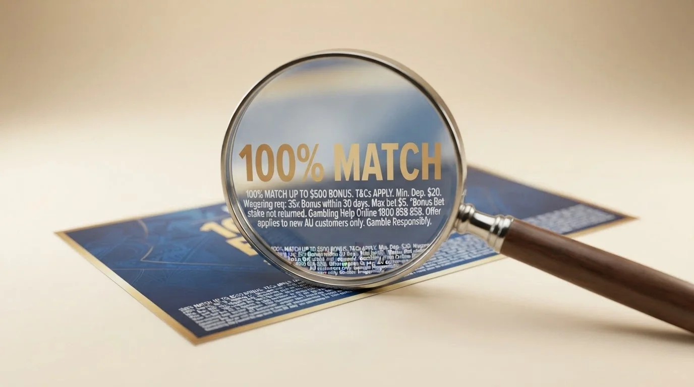 A magnifying glass over a welcome-bonus banner, revealing the fine-print wagering terms underneath the headline offer