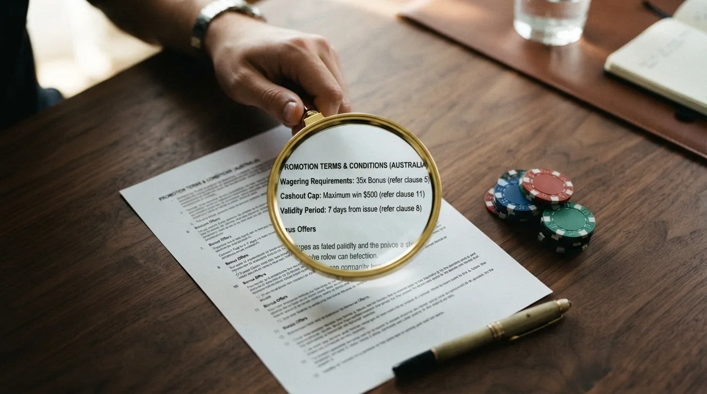 A magnifying glass held over casino bonus terms and conditions, highlighting wagering, maximum cashout and validity clauses