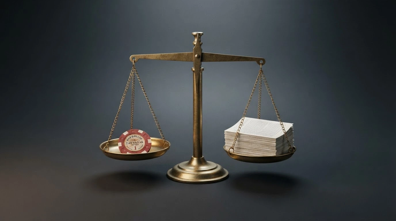 A balance scale with a casino bonus chip on one side and a stack of wagering-requirement documents on the other