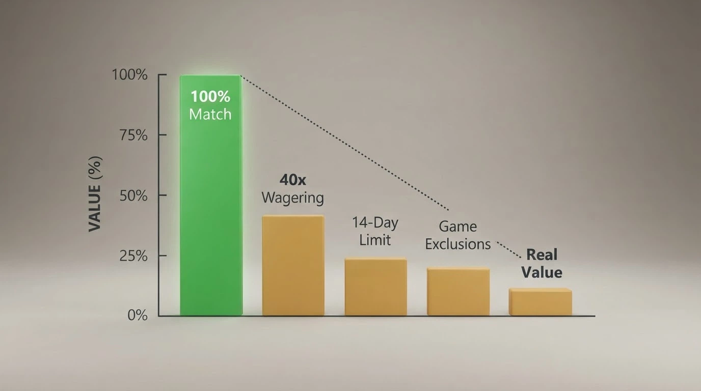 A visual breakdown of a welcome-bonus offer showing the advertised match percentage on the left and a shrinking real-value bar on the right as wagering, validity and game restrictions are applied