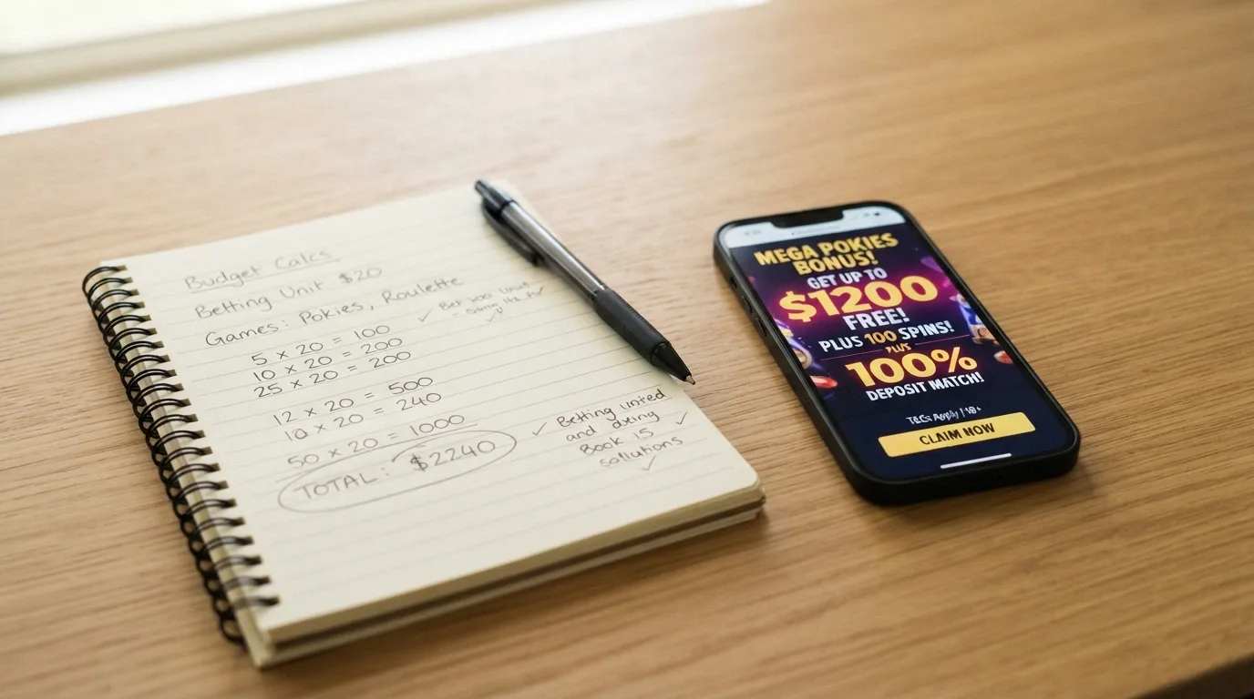 A notepad with handwritten wagering-requirement calculations beside a smartphone displaying a casino welcome-bonus banner showing A$10,000