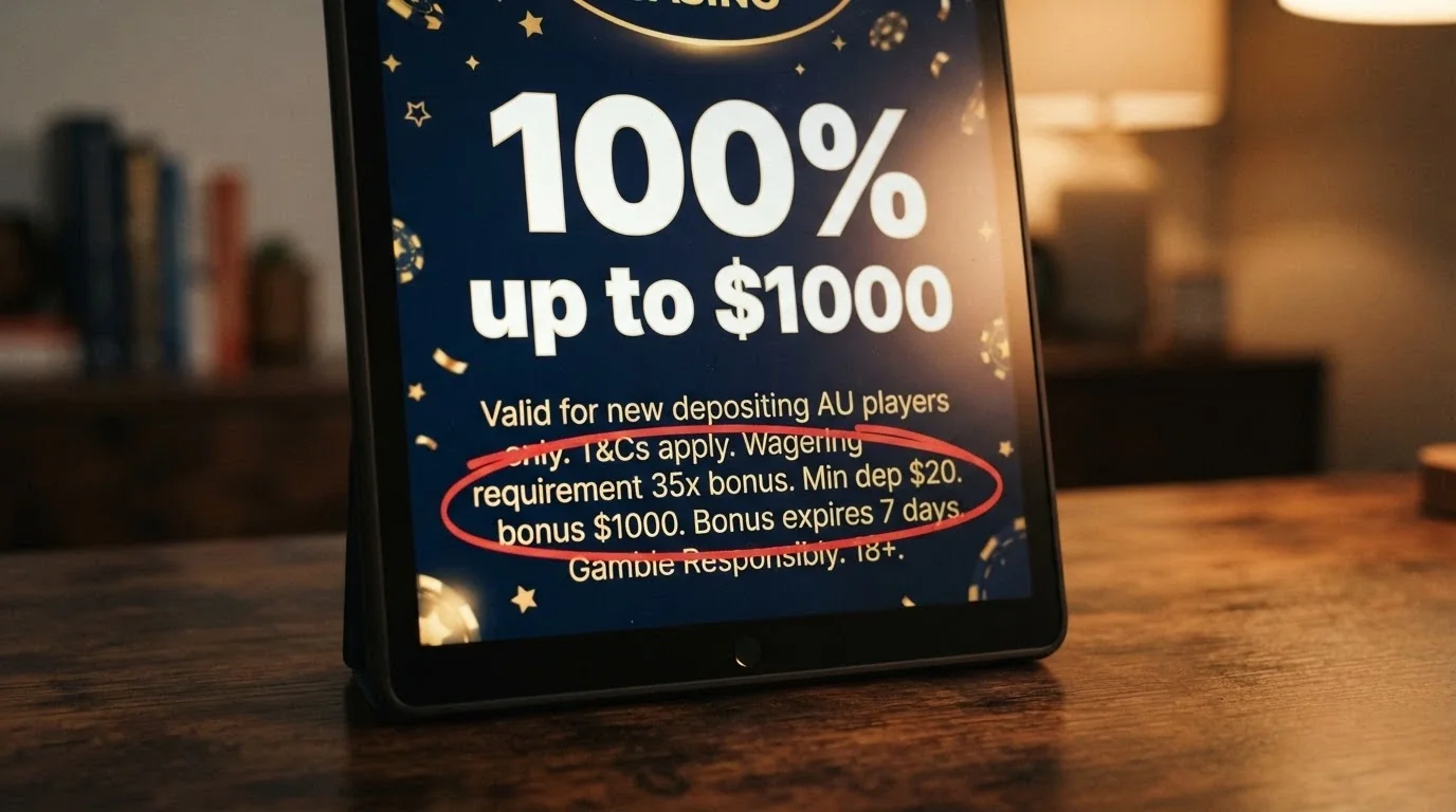 A close-up of a casino welcome-offer banner with “100% up to $1000” in large text, and beneath it fine-print terms for wagering and validity circled in red