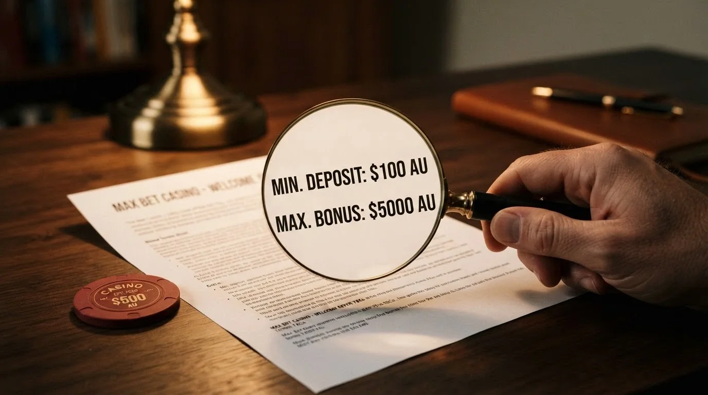 A magnifying glass over a bonus terms box, with the wagering multiplier and withdrawal cap figures enlarged while the headline bonus amount sits small beside it