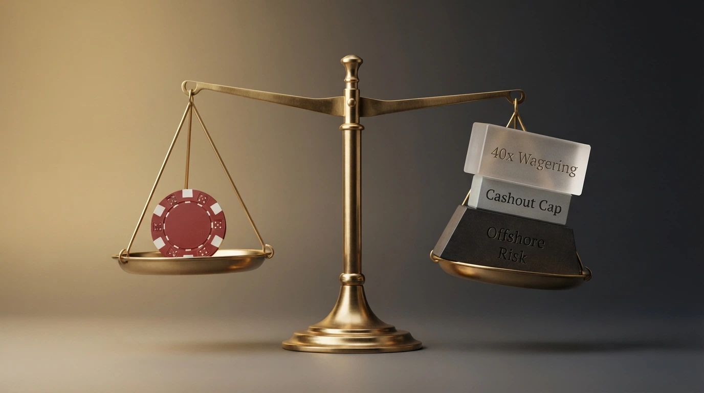 A balance scale with a $10 chip on one side and wagering requirements, cashout caps and offshore risk stacked on the other
