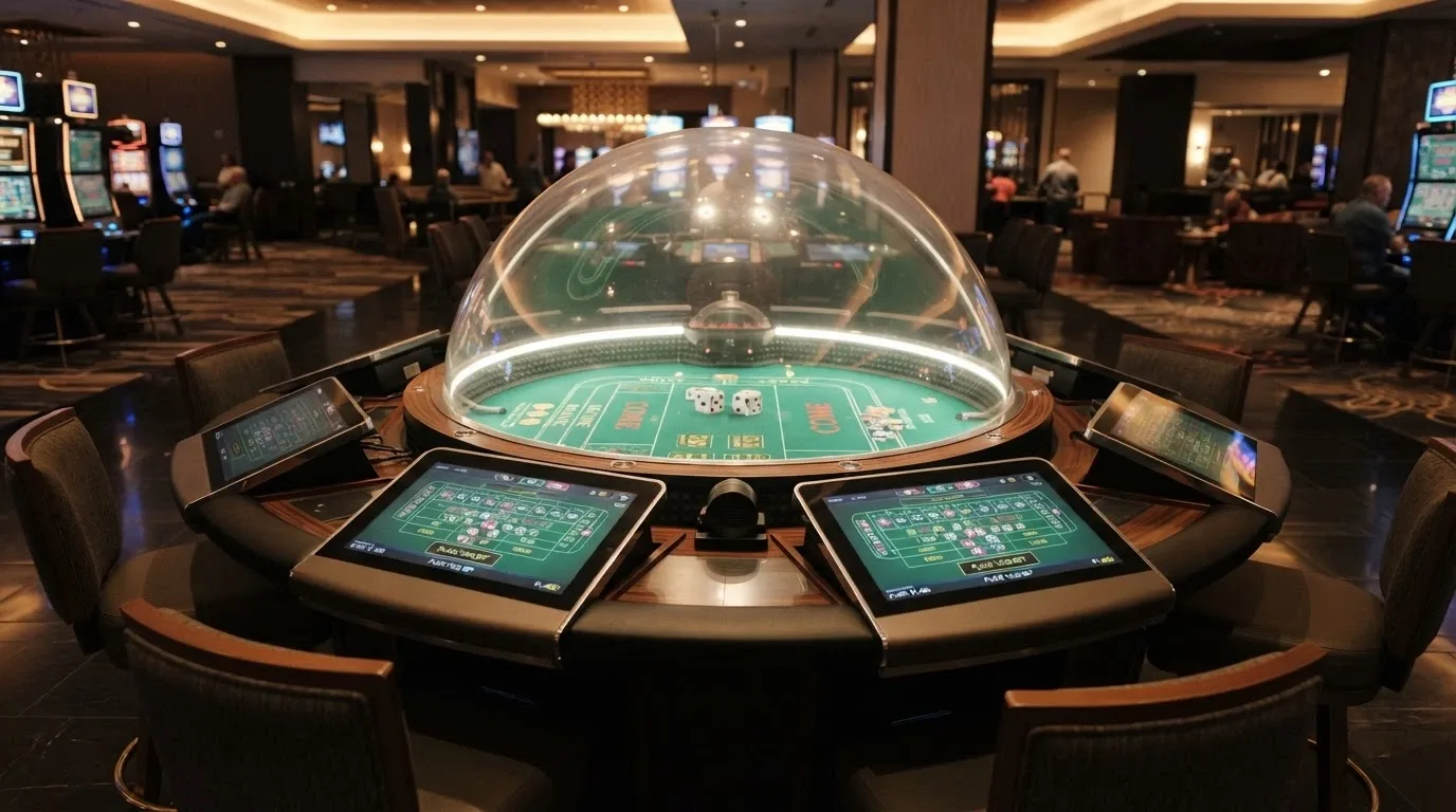 An automated Bubble Craps machine with a large central dice dome and individual touchscreen betting stations arranged around the table