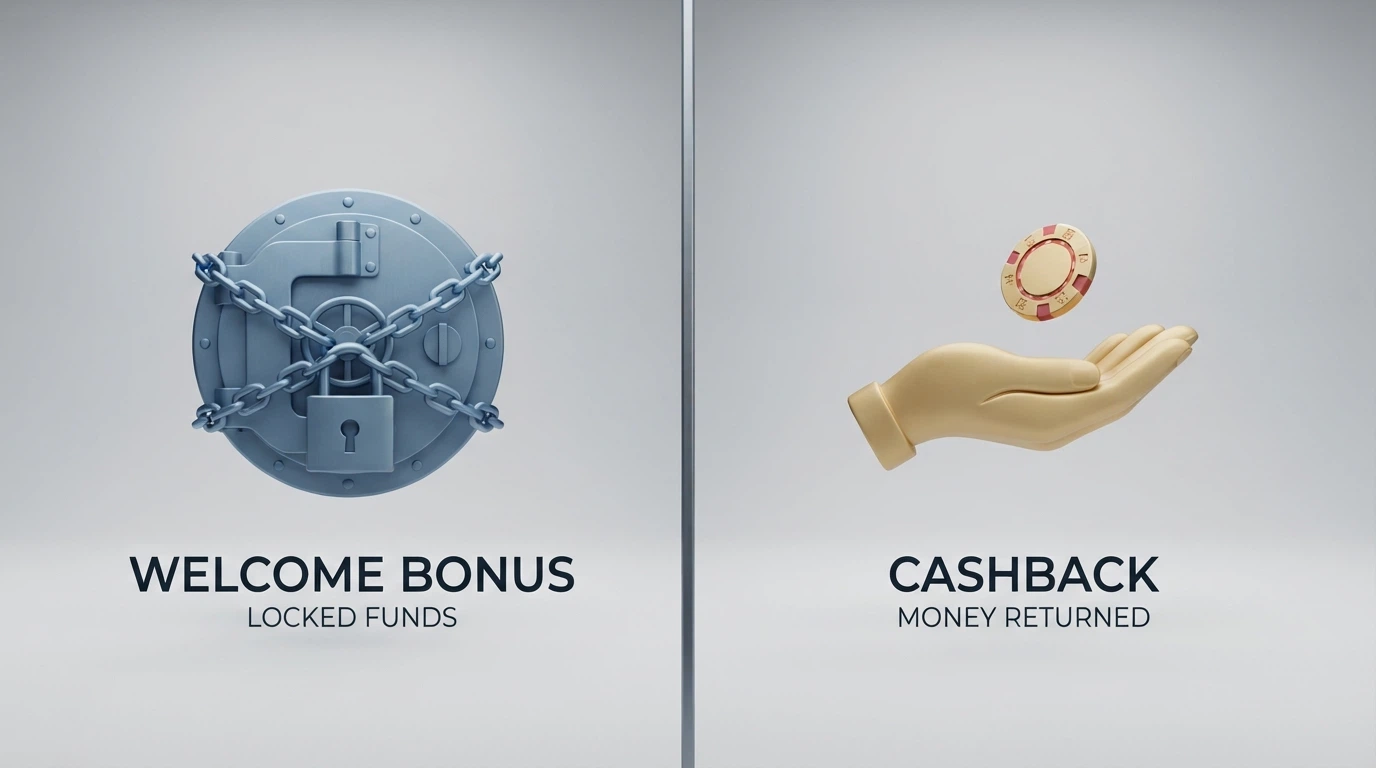 Two columns side by side: one labelled with a welcome-bonus icon showing locked funds, the other with a cashback icon showing an open hand receiving money back