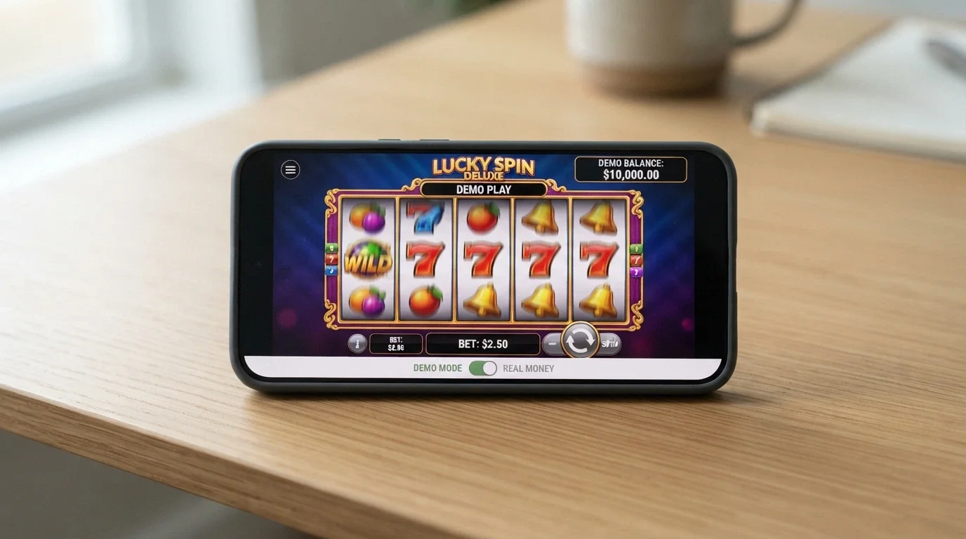 A smartphone screen showing a pokies game in demo mode with a play-money balance and a switch-to-real-money toggle