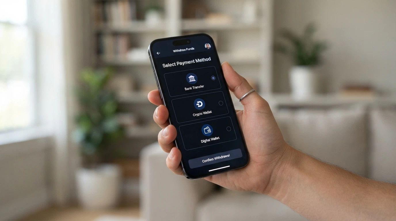 A smartphone screen showing a withdrawal interface with payment method options including crypto, bank transfer and e-wallets