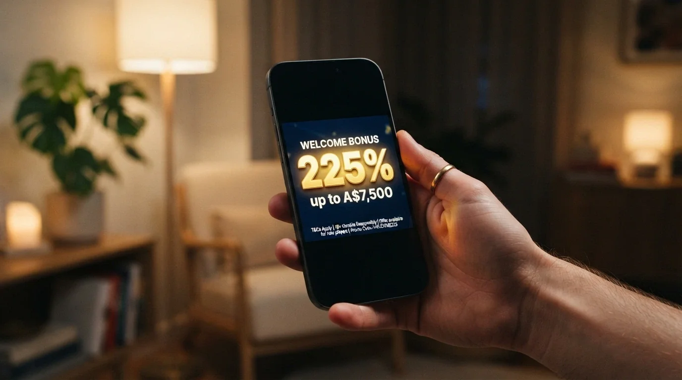 An Android screen showing a welcome-bonus banner with a large percentage figure and smaller terms text below